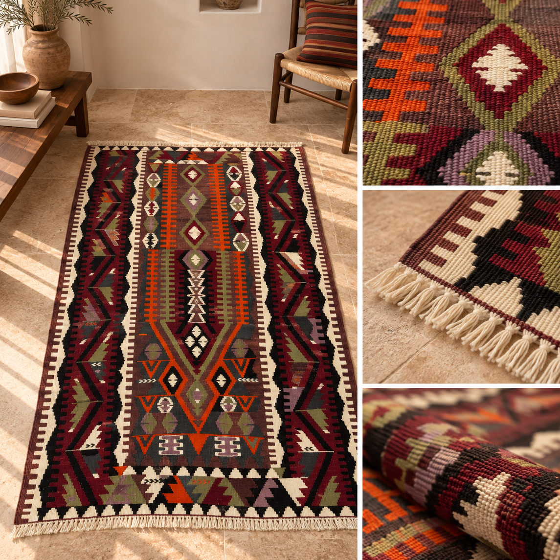 A rectangular woven area rug with a Southwestern geometric pattern is shown in a styled room setting, with three inset close-up detail views on the right. The rug features a multicolor pattern with prominent red, orange, green, beige, black, and white elements.
