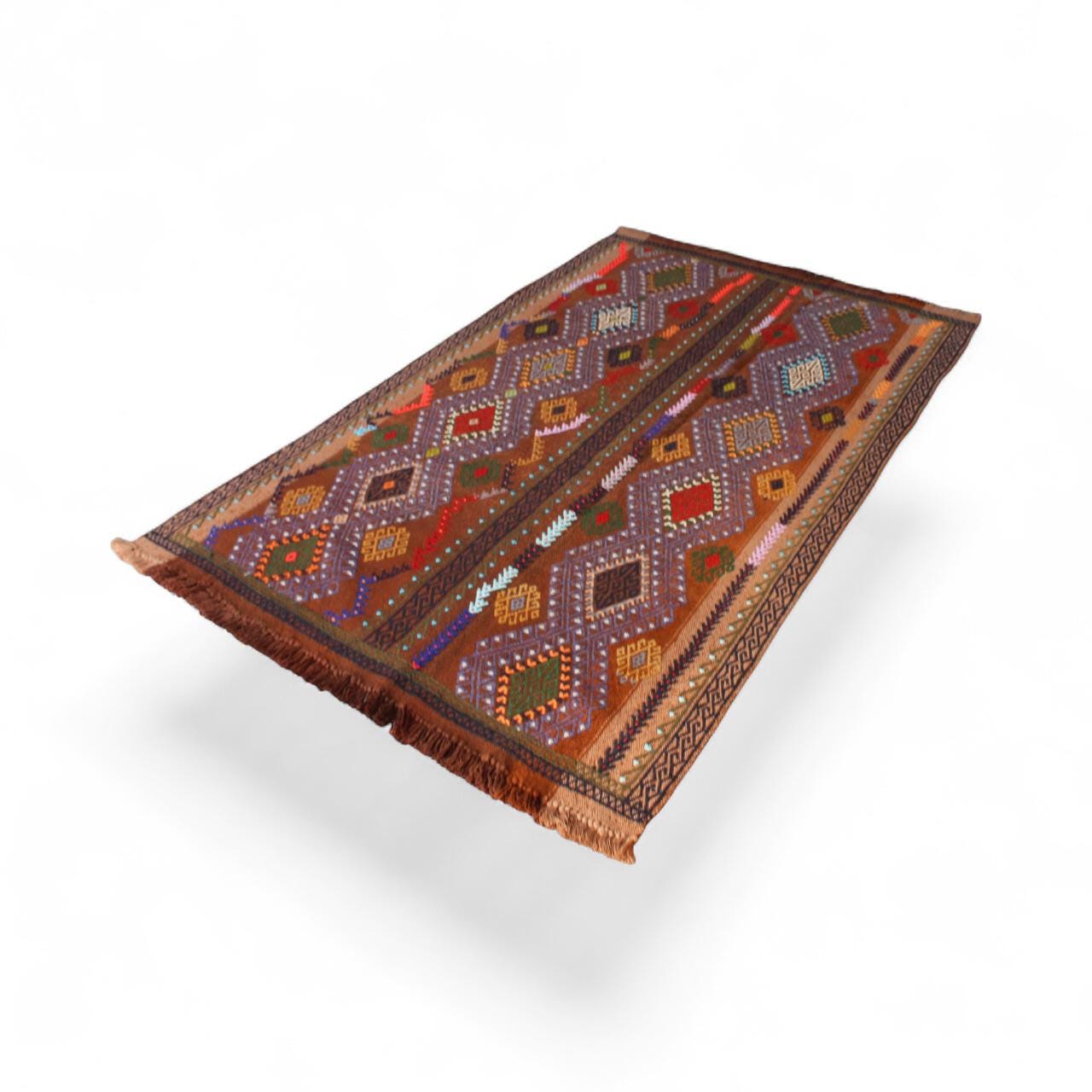 Turkish Wool Kilim | Brown Geometric Flatweave | Handmade Artisan Rug, 125cm x 200cm