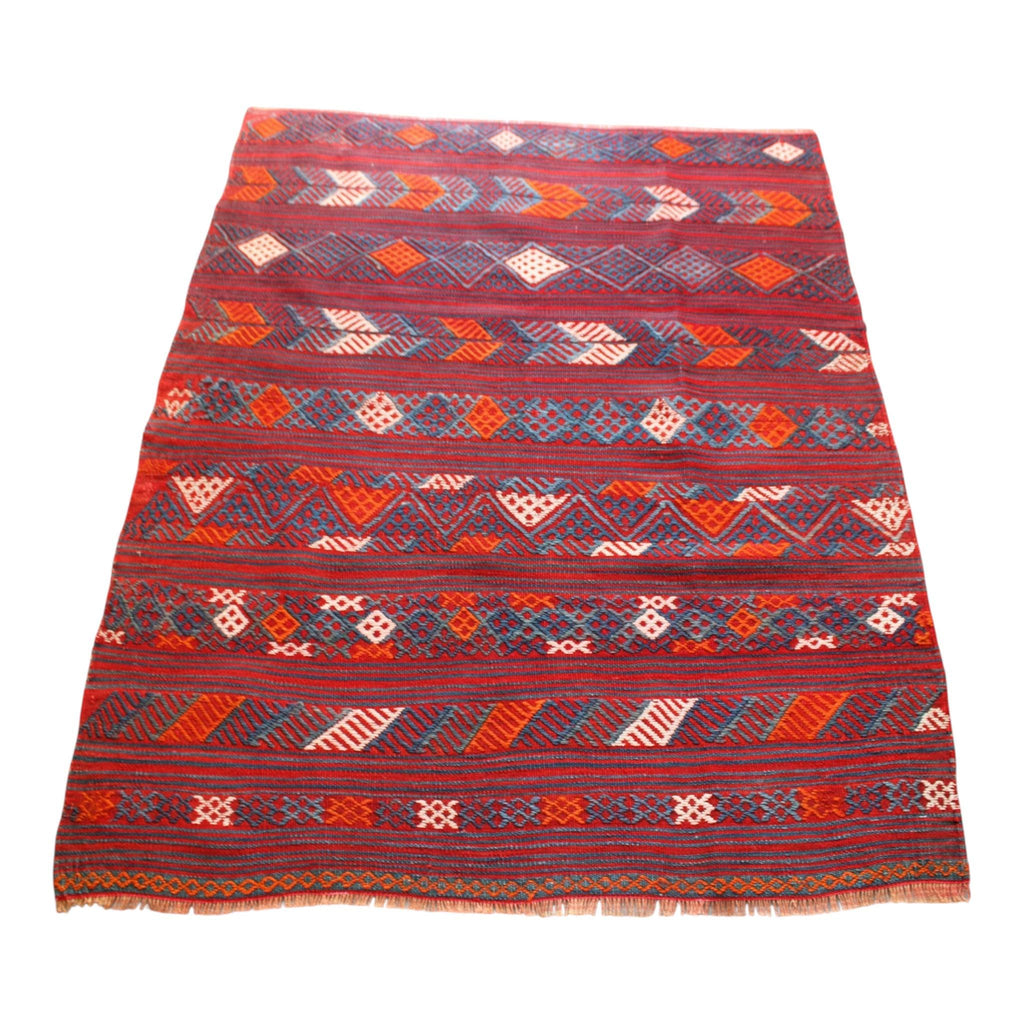 Turkish Wool Kilim | Vintage Flatweave in Burgundy and Indigo | Ethnic Pattern Rug 115cm x 140cm