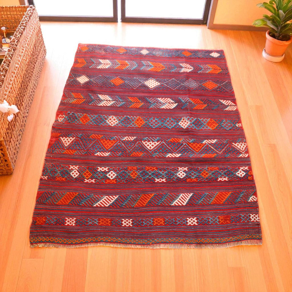 Turkish Wool Kilim | Vintage Flatweave in Burgundy and Indigo | Ethnic Pattern Rug 115cm x 140cm