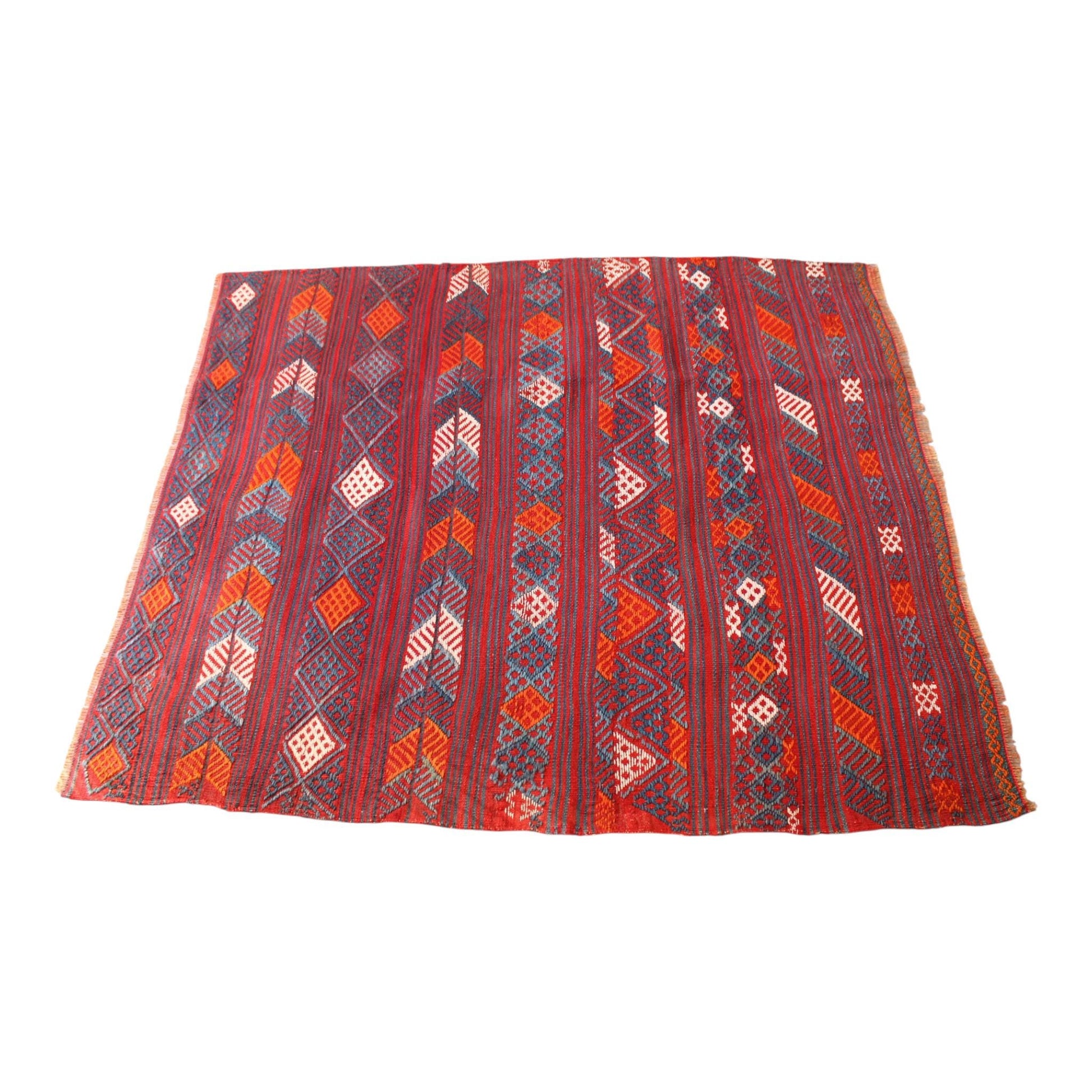 Turkish Wool Kilim | Vintage Flatweave in Burgundy and Indigo | Ethnic Pattern Rug 115cm x 140cm