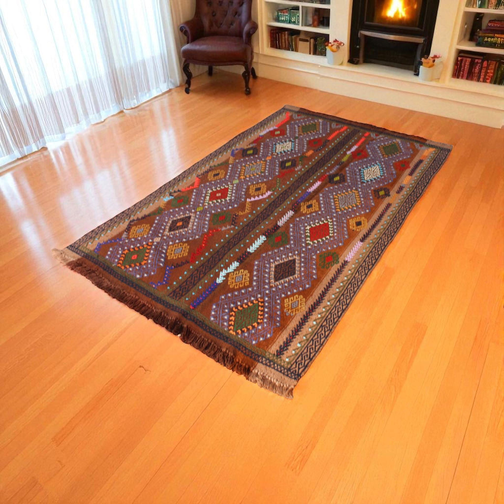 Turkish Wool Kilim | Brown Geometric Flatweave | Handmade Artisan Rug, 125cm x 200cm