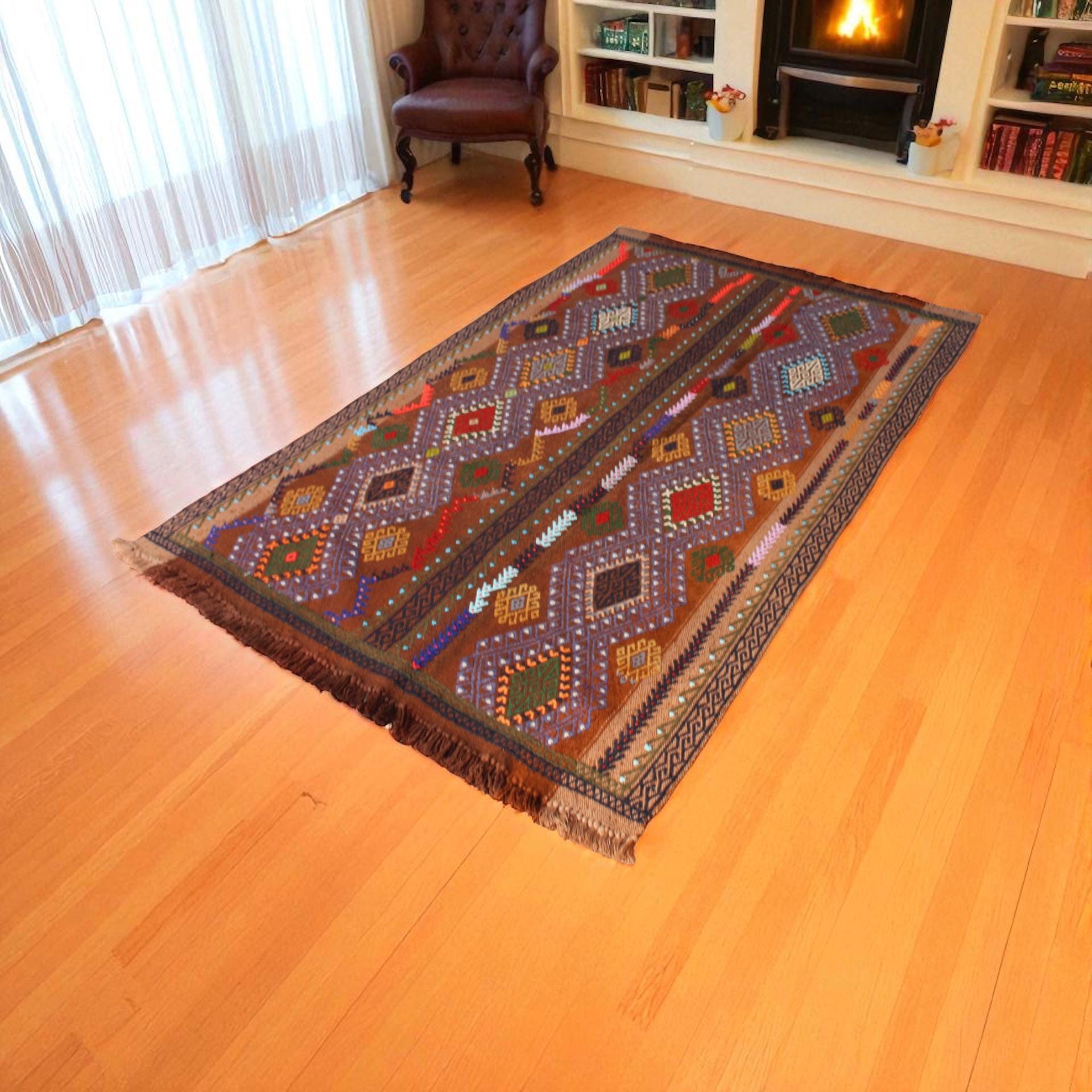 Turkish Wool Kilim | Brown Geometric Flatweave | Handmade Artisan Rug, 125cm x 200cm