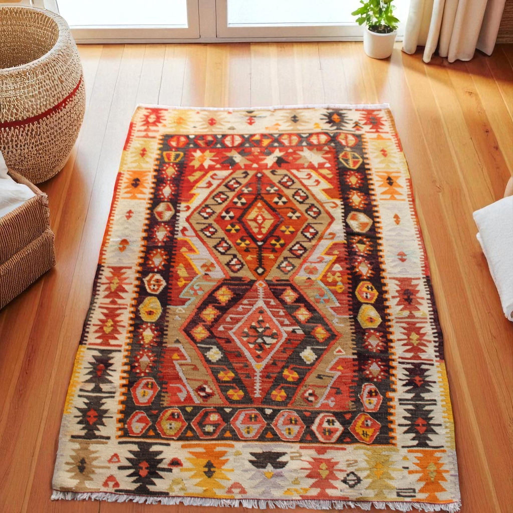 Authentic Turkish Kilim | Boho Chic Wool Rug | Earthy Tribal Pattern, 100cm x 106 cm
