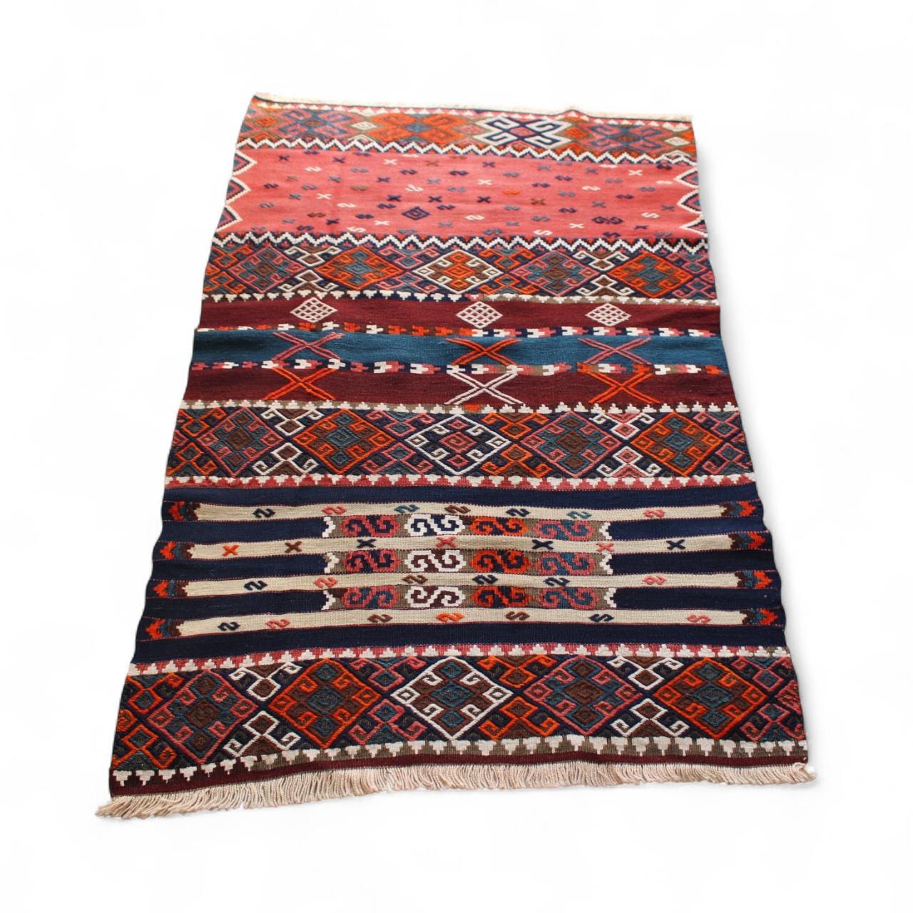 Vintage Turkish Kilim Cicim Style Rug | Handwoven Wool Flatweave | Tribal Nomadic Design, 103cm x 155cm