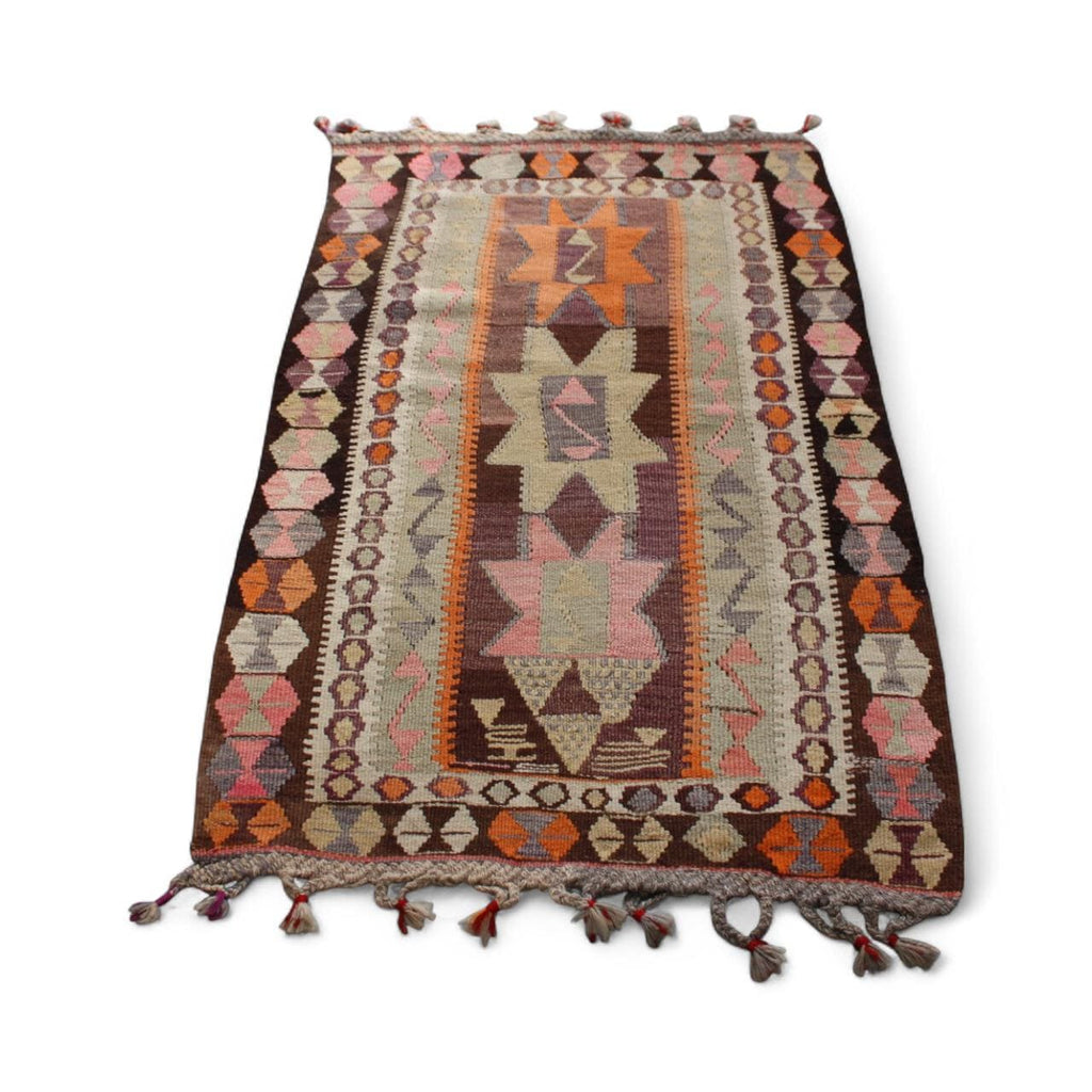 Vintage Turkish Kilim Rug | Small Handwoven Wool Rug | Pastel Tribal Design with Tassels, 88cm x 143cm