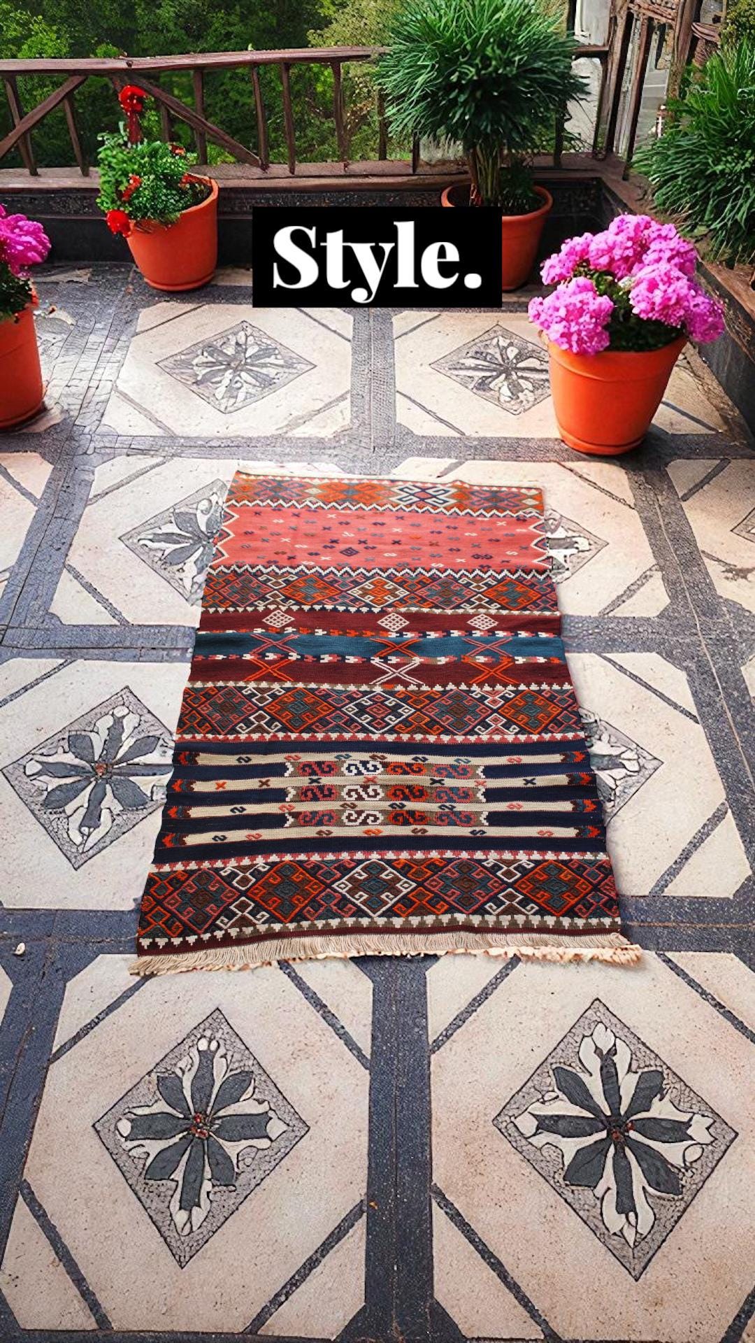 Vintage Turkish Kilim Cicim Style Rug | Handwoven Wool Flatweave | Tribal Nomadic Design, 103cm x 155cm