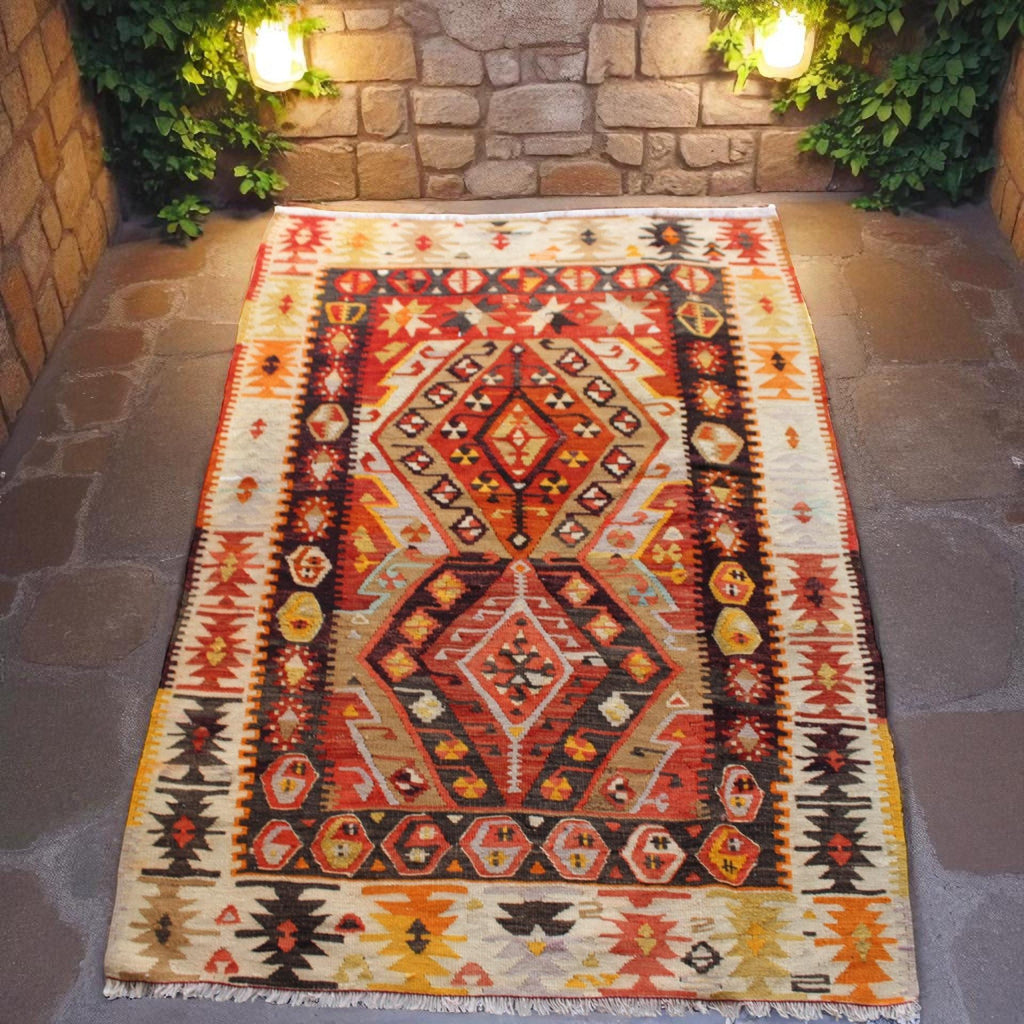 Authentic Turkish Kilim | Boho Chic Wool Rug | Earthy Tribal Pattern, 100cm x 106 cm