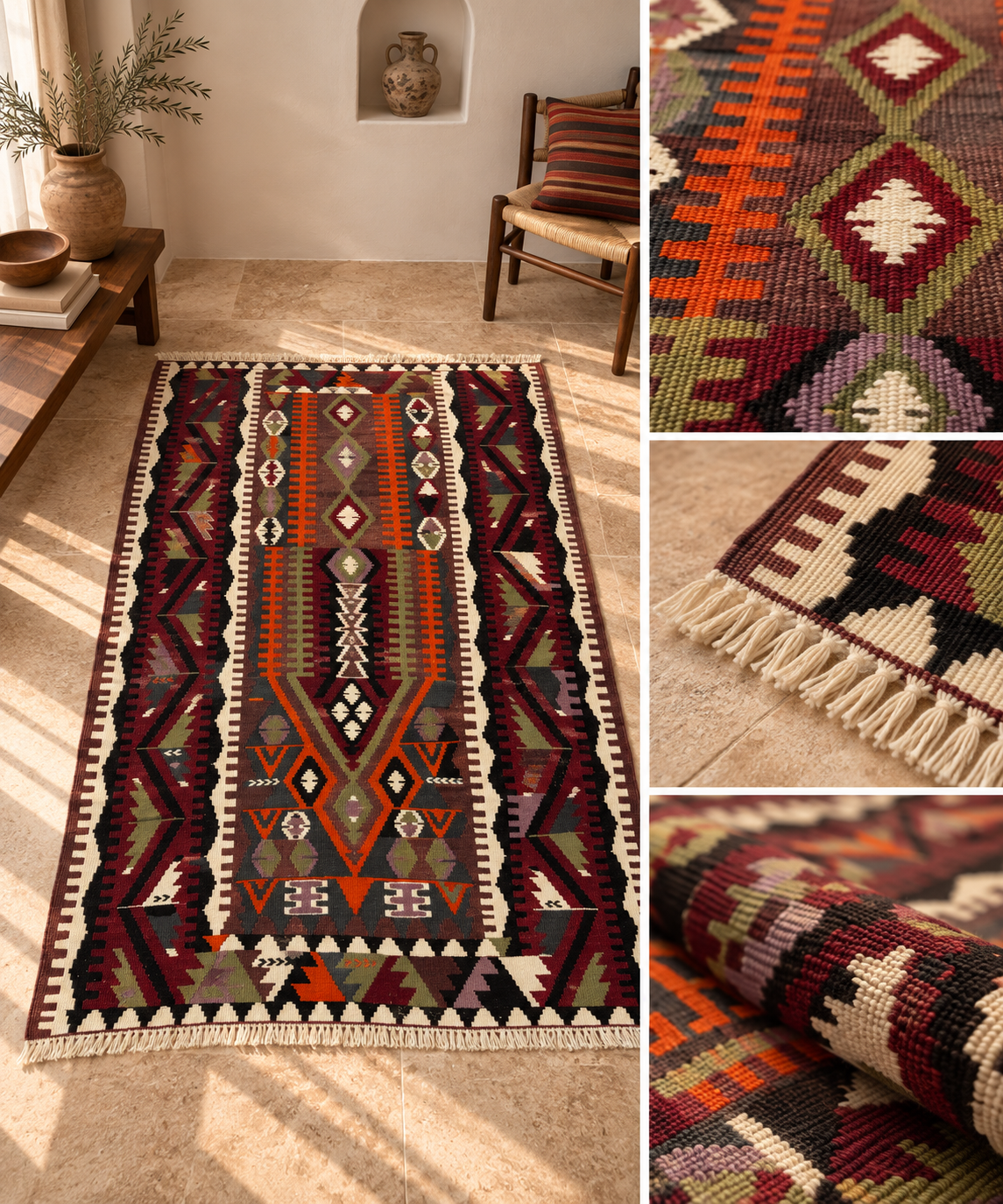 A rectangular woven area rug with a Southwestern geometric pattern is shown in a styled room setting, with three inset close-up detail views on the right. The rug features a multicolor pattern with prominent red, orange, green, beige, black, and white elements.