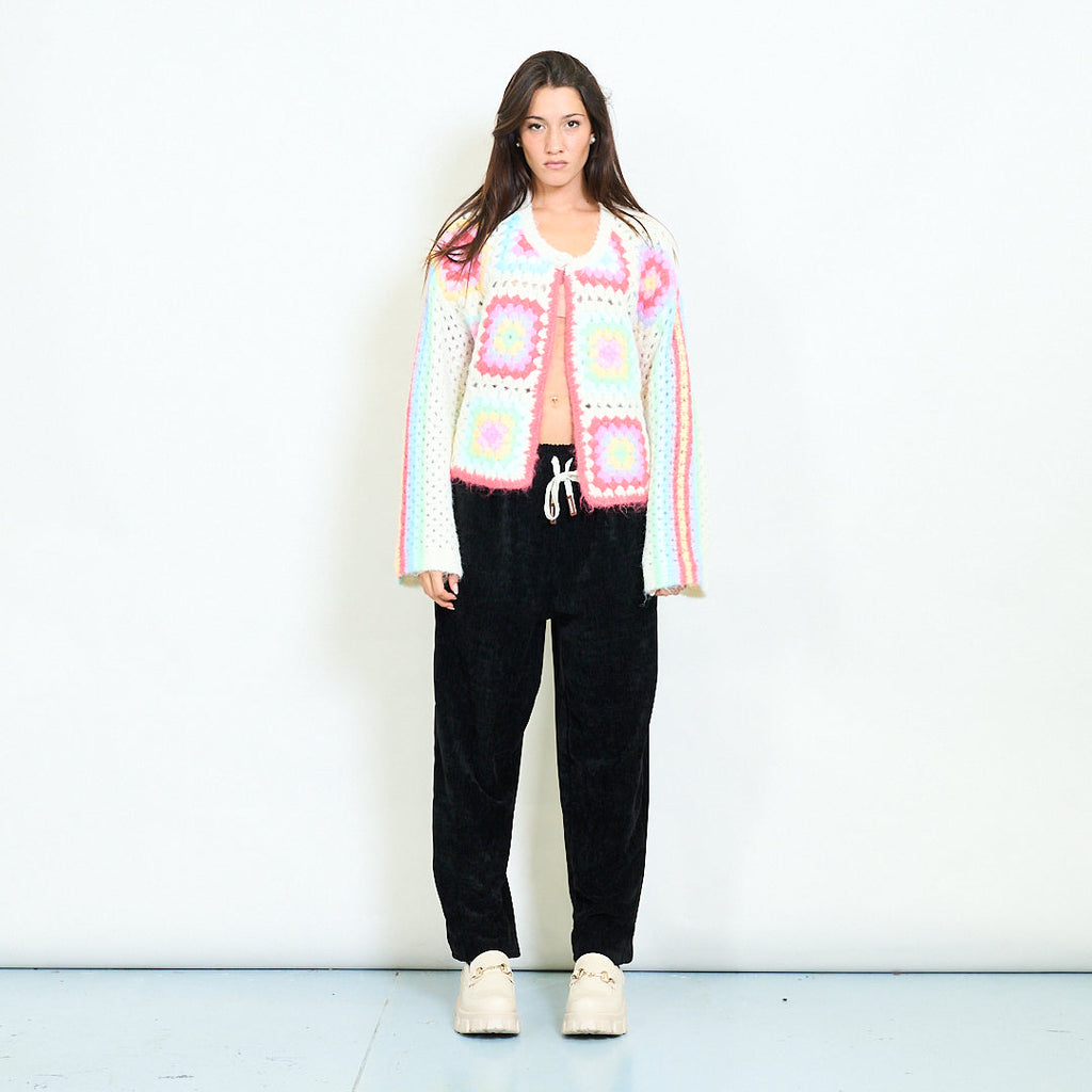 Retro Pastel Crochet Cardigan, Unique Size – Handmade Knit Granny Square Sweater, Soft Chunky Boho Jacket