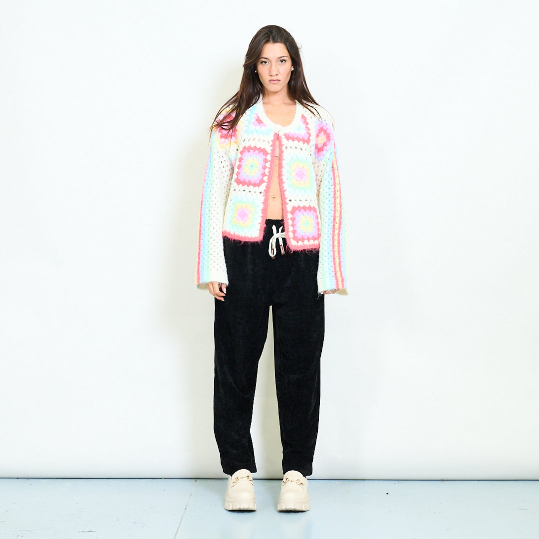 Retro Pastel Crochet Cardigan, Unique Size – Handmade Knit Granny Square Sweater, Soft Chunky Boho Jacket