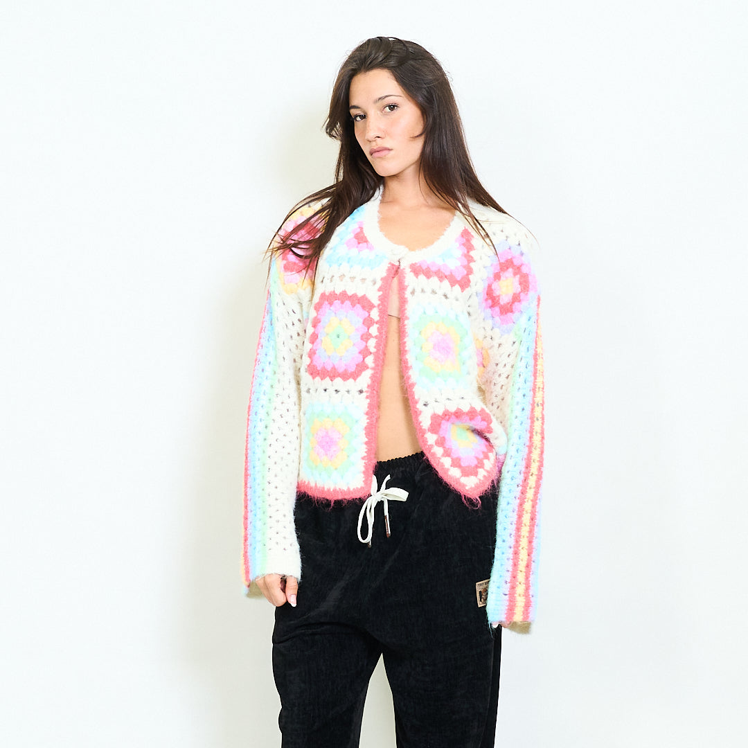 Retro Pastel Crochet Cardigan, Unique Size – Handmade Knit Granny Square Sweater, Soft Chunky Boho Jacket