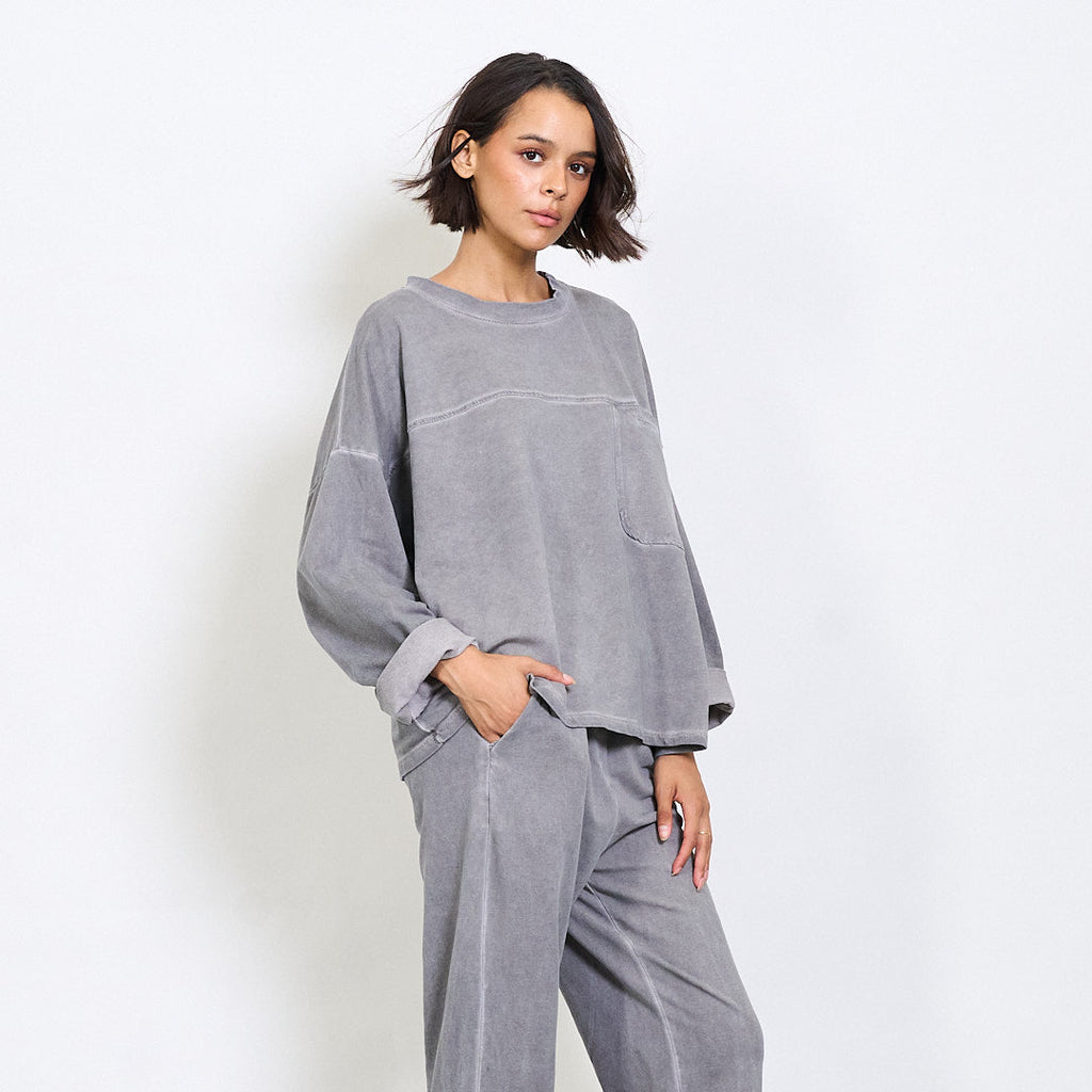 Boxy Grey Pullover – Soft Cotton Oversized Sweatshirt, Neutral Minimal Streetwear Top, Unique Size