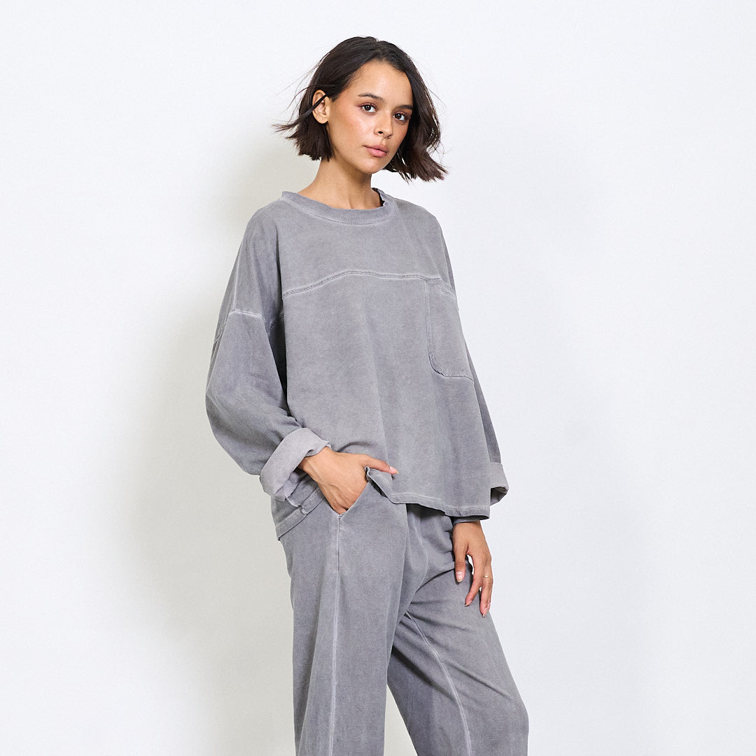 Boxy Grey Pullover – Soft Cotton Oversized Sweatshirt, Neutral Minimal Streetwear Top, Unique Size