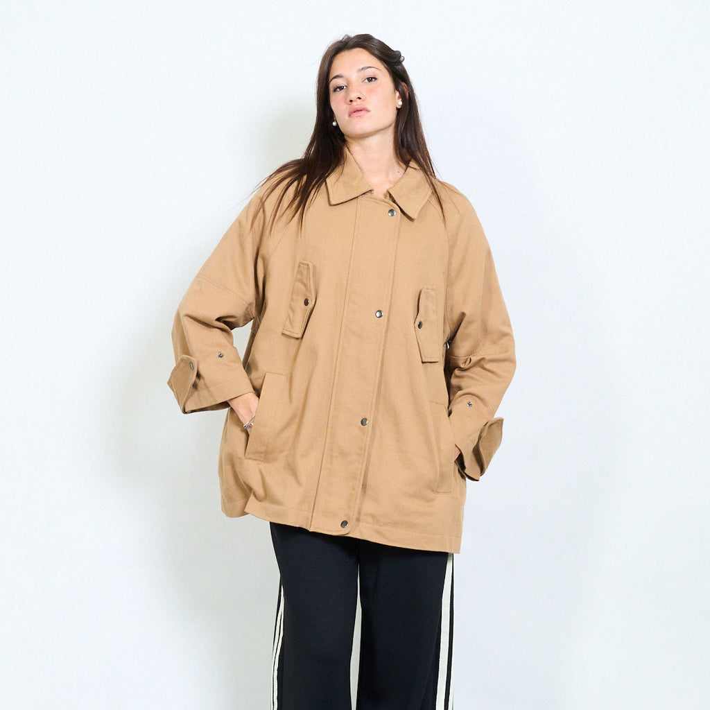 Oversized Camel Utility Jacket – Minimalist Cotton Coat, Boxy Workwear Style, One Size Relaxed Fit Outerwear