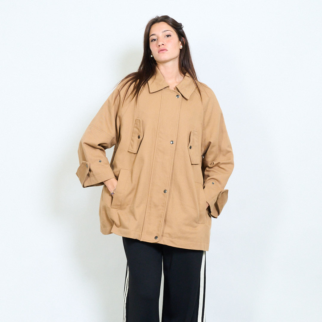 Oversized Camel Utility Jacket – Minimalist Cotton Coat, Boxy Workwear Style, One Size Relaxed Fit Outerwear