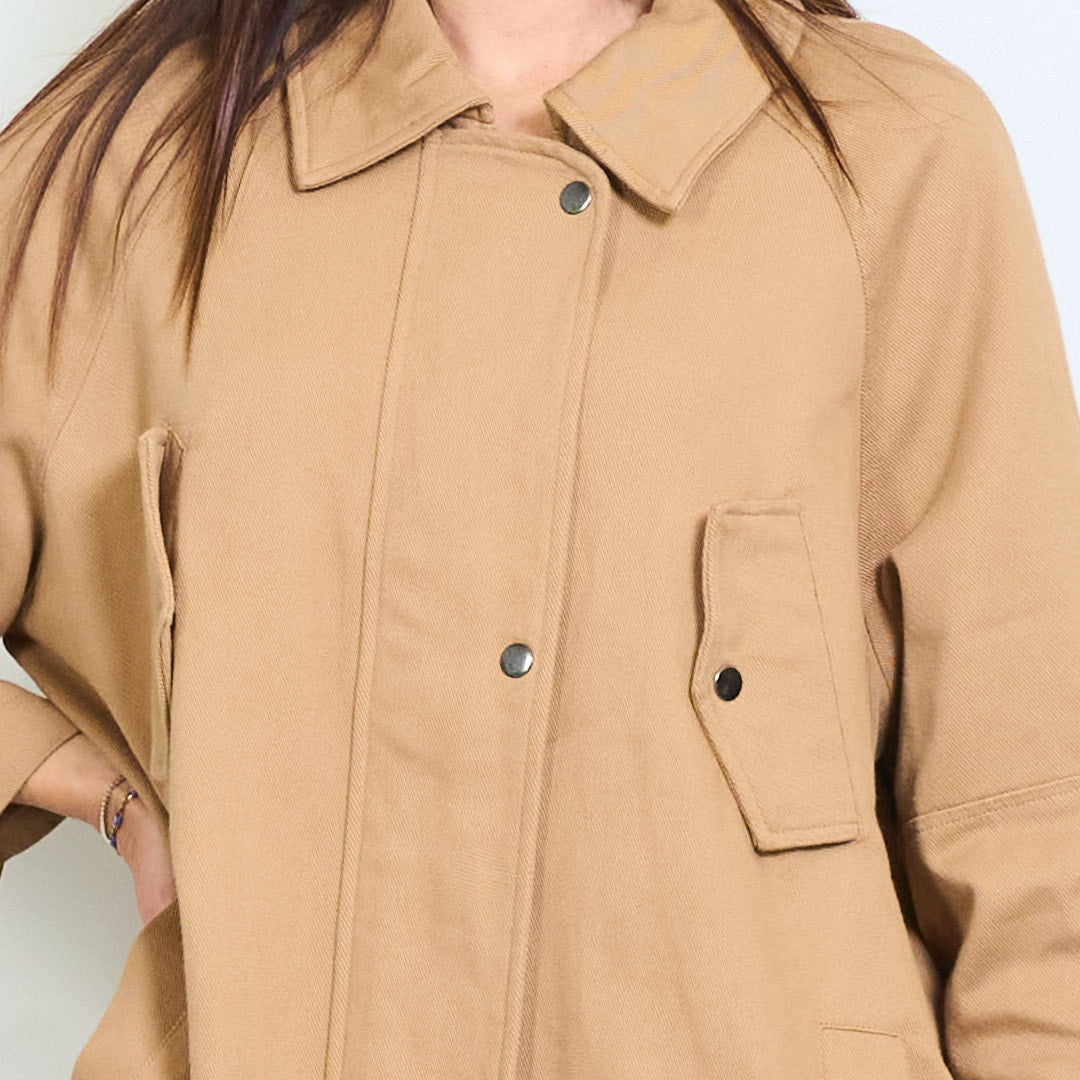 Oversized Camel Utility Jacket – Minimalist Cotton Coat, Boxy Workwear Style, One Size Relaxed Fit Outerwear