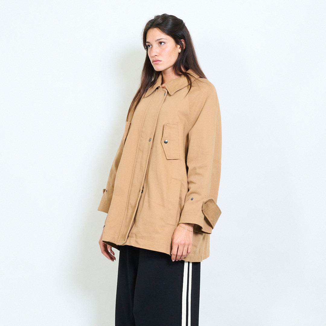 Oversized Camel Utility Jacket – Minimalist Cotton Coat, Boxy Workwear Style, One Size Relaxed Fit Outerwear