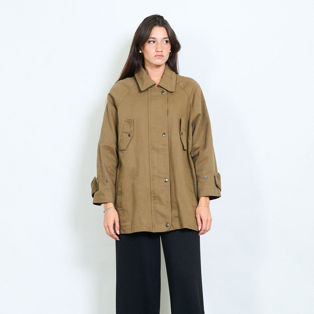 Oversized Khaki Utility Jacket – One Size Minimalist Cotton Coat, Boxy Workwear Style, Relaxed Fit Outerwear