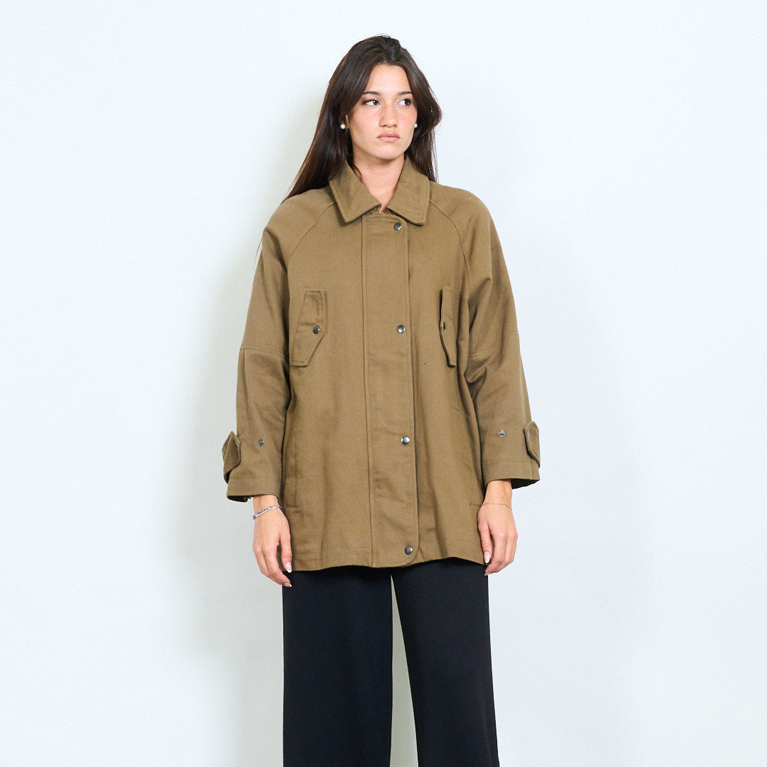 Oversized Khaki Utility Jacket – One Size Minimalist Cotton Coat, Boxy Workwear Style, Relaxed Fit Outerwear