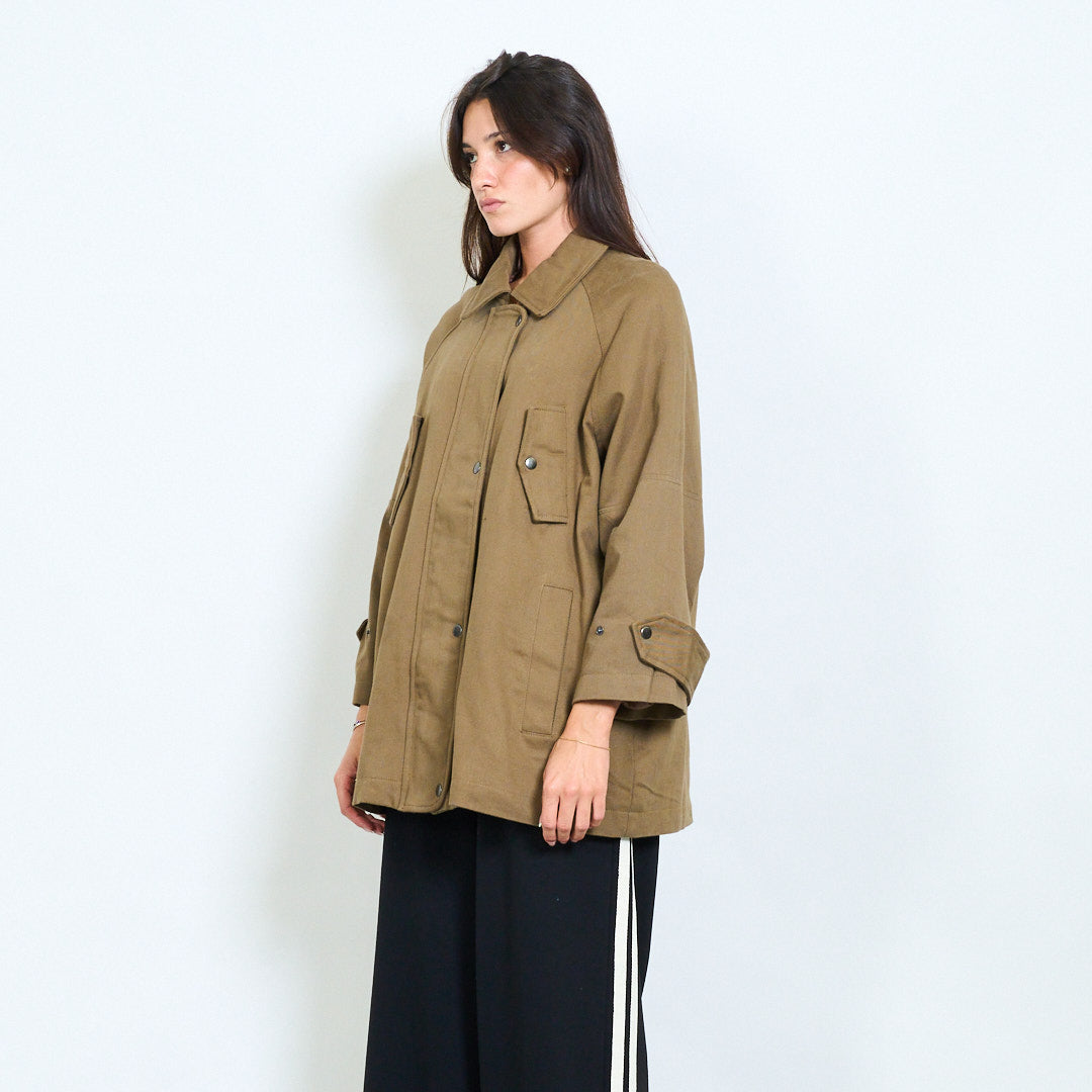 Oversized Khaki Utility Jacket – One Size Minimalist Cotton Coat, Boxy Workwear Style, Relaxed Fit Outerwear