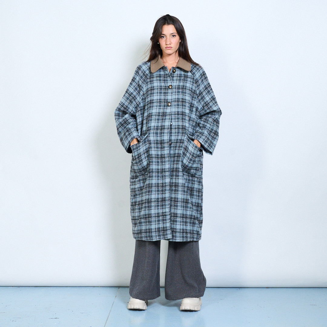 Oversized Blue Plaid Coat – One Size Wool Blend Long Jacket, Minimalist Checkered Outerwear, Vintage-Inspired Overcoat