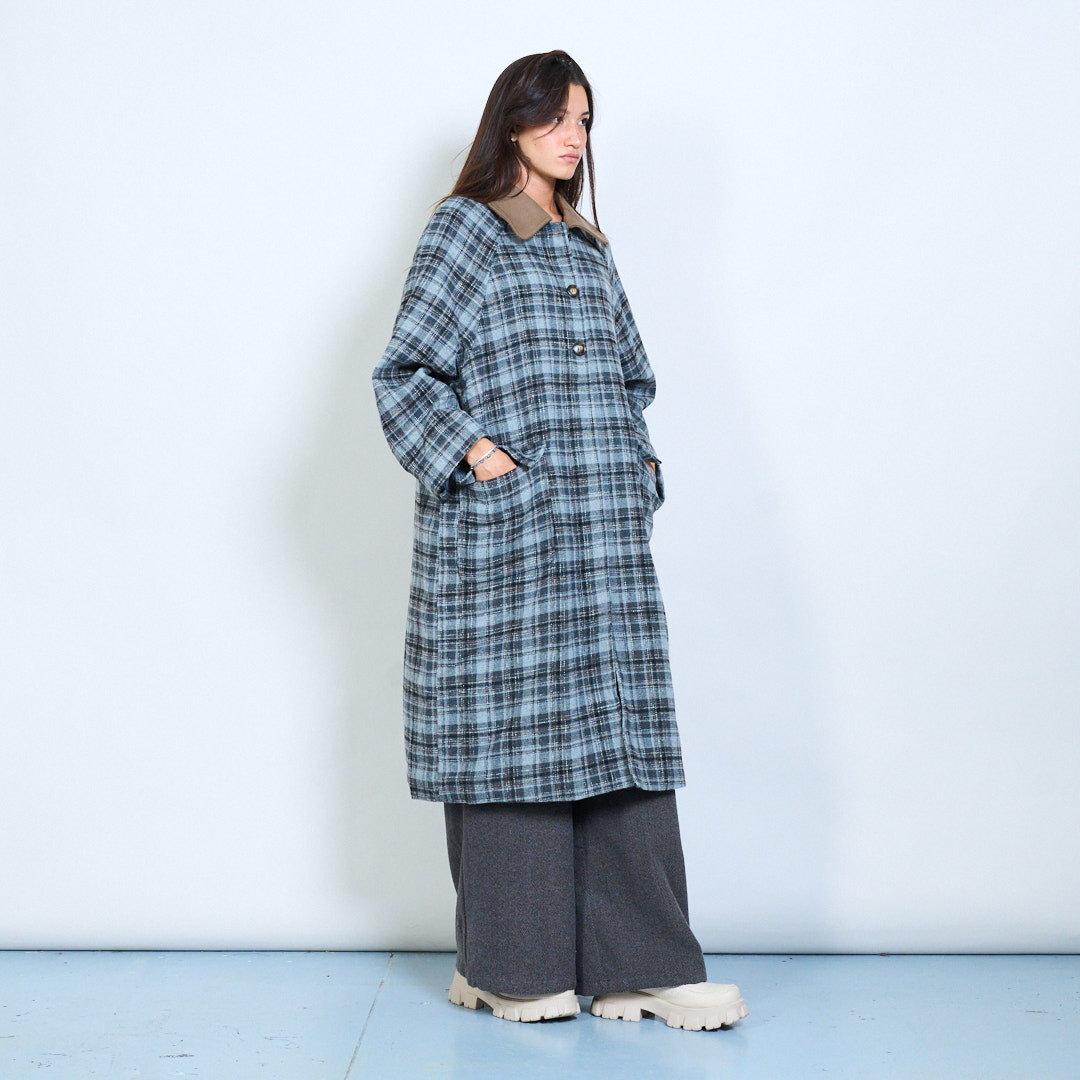 Oversized Blue Plaid Coat – One Size Wool Blend Long Jacket, Minimalist Checkered Outerwear, Vintage-Inspired Overcoat