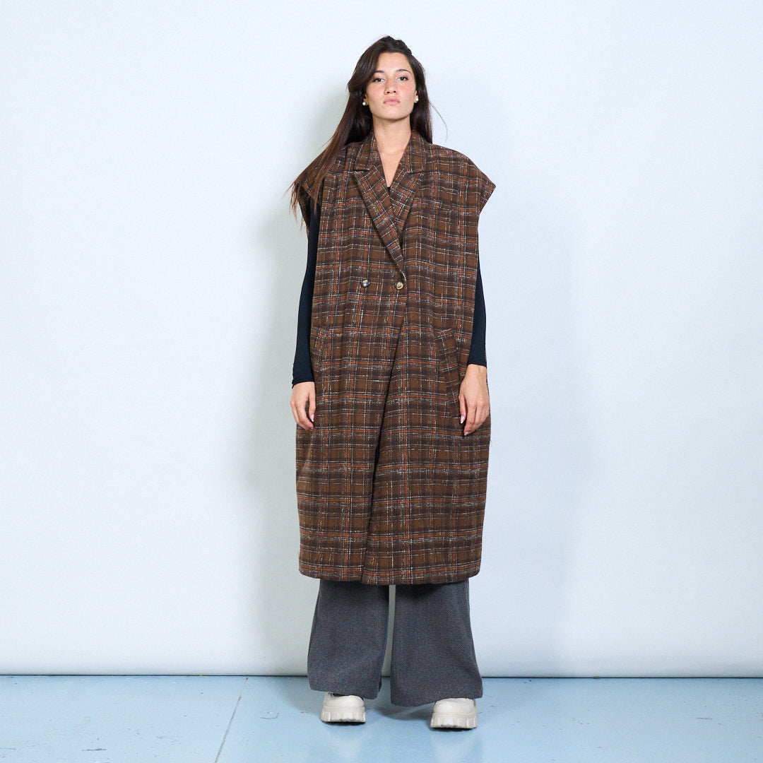 Oversized Brown Plaid Sleeveless Coat – One Size Wool Blend Long Vest, Minimalist Layering Jacket, Vintage-Inspired Outerwear