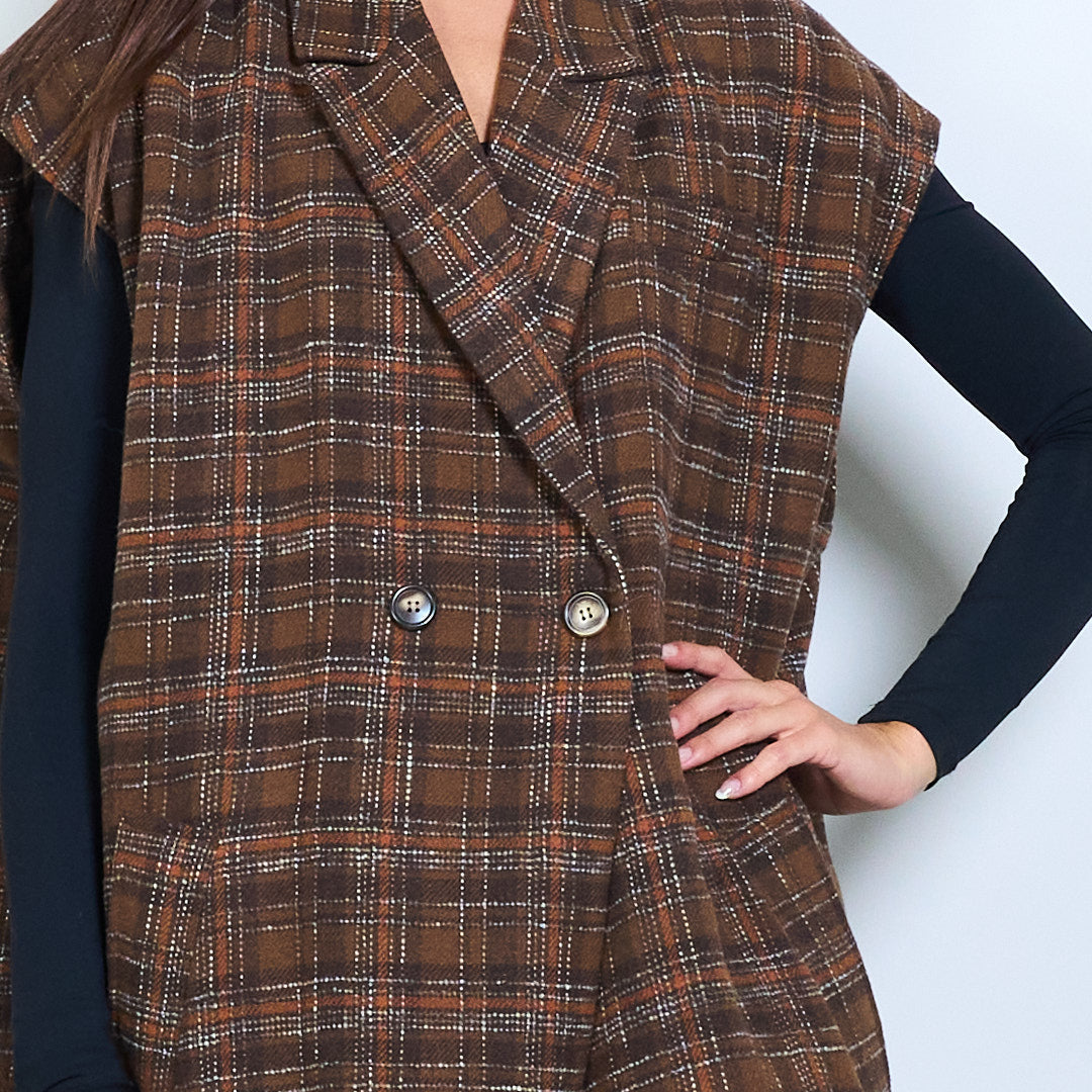 Oversized Brown Plaid Sleeveless Coat – One Size Wool Blend Long Vest, Minimalist Layering Jacket, Vintage-Inspired Outerwear