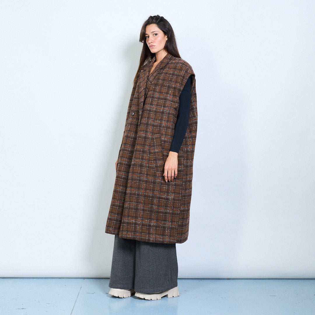 Oversized Brown Plaid Sleeveless Coat – One Size Wool Blend Long Vest, Minimalist Layering Jacket, Vintage-Inspired Outerwear
