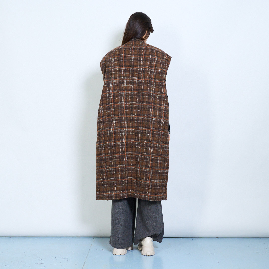Oversized Brown Plaid Sleeveless Coat – One Size Wool Blend Long Vest, Minimalist Layering Jacket, Vintage-Inspired Outerwear