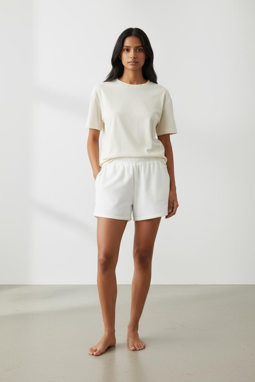 White Textured Shorts – Minimalist Terry Cotton Lounge Shorts, Relaxed Fit Elastic Waist