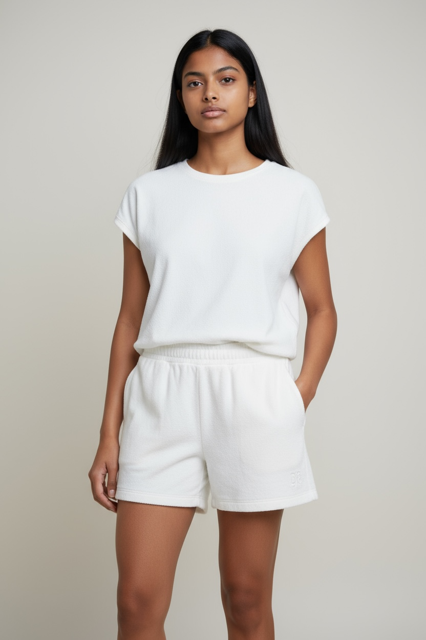 White Textured Shorts – Minimalist Terry Cotton Lounge Shorts, Relaxed Fit Elastic Waist
