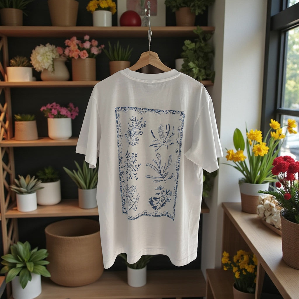 Coral Print T-Shirt – Minimalist White Cotton Tee with Blue Floral Illustration, Unisex Relaxed Fit