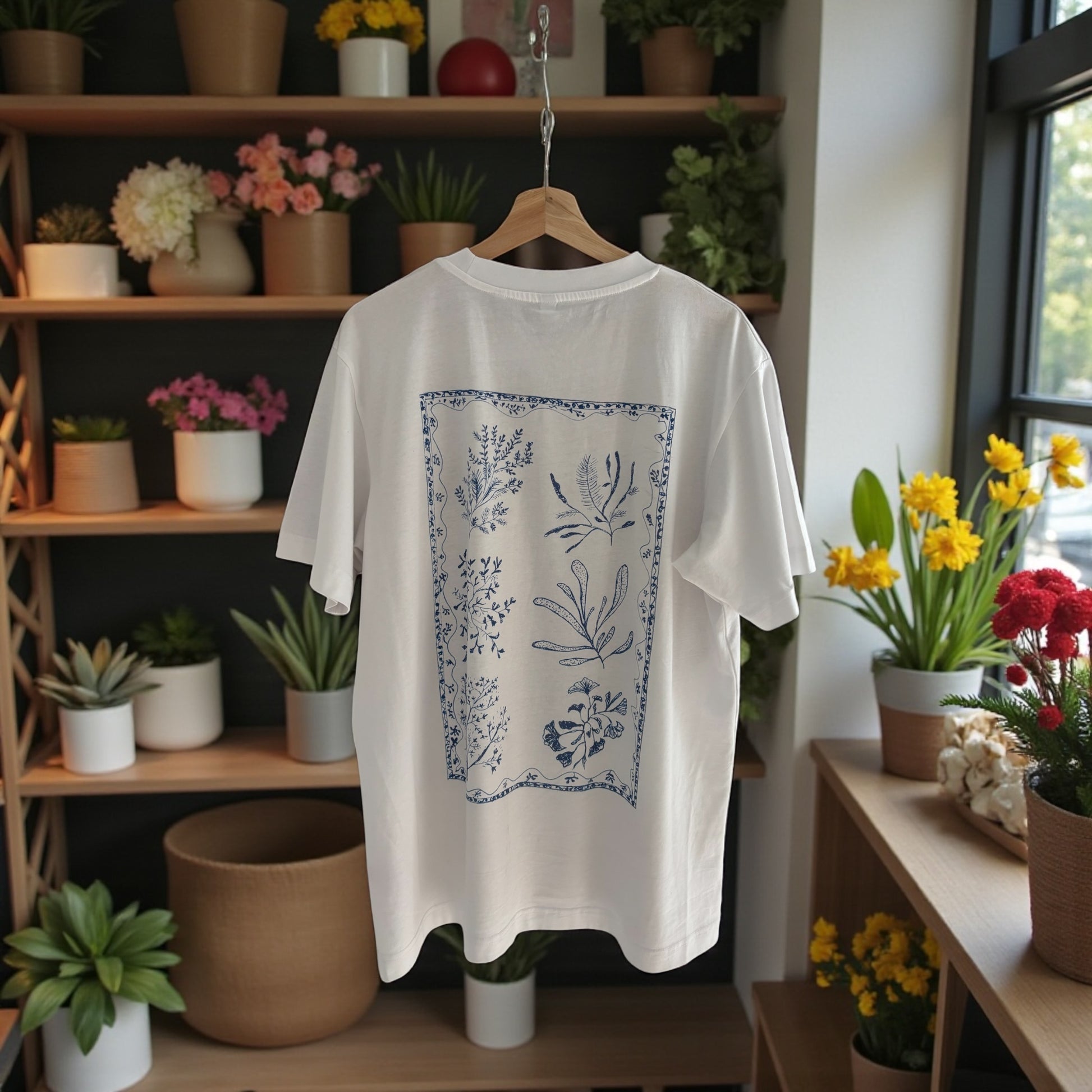 Coral Print T-Shirt – Minimalist White Cotton Tee with Blue Floral Illustration, Unisex Relaxed Fit