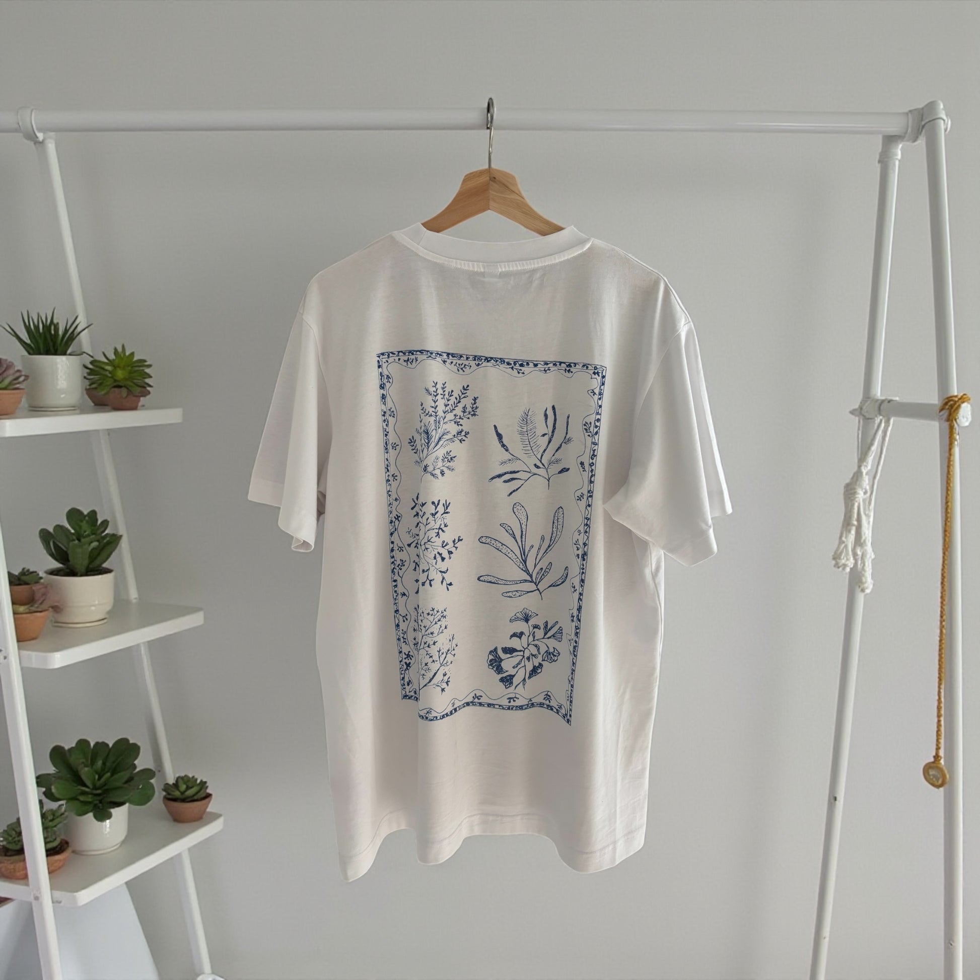 Coral Print T-Shirt – Minimalist White Cotton Tee with Blue Floral Illustration, Unisex Relaxed Fit