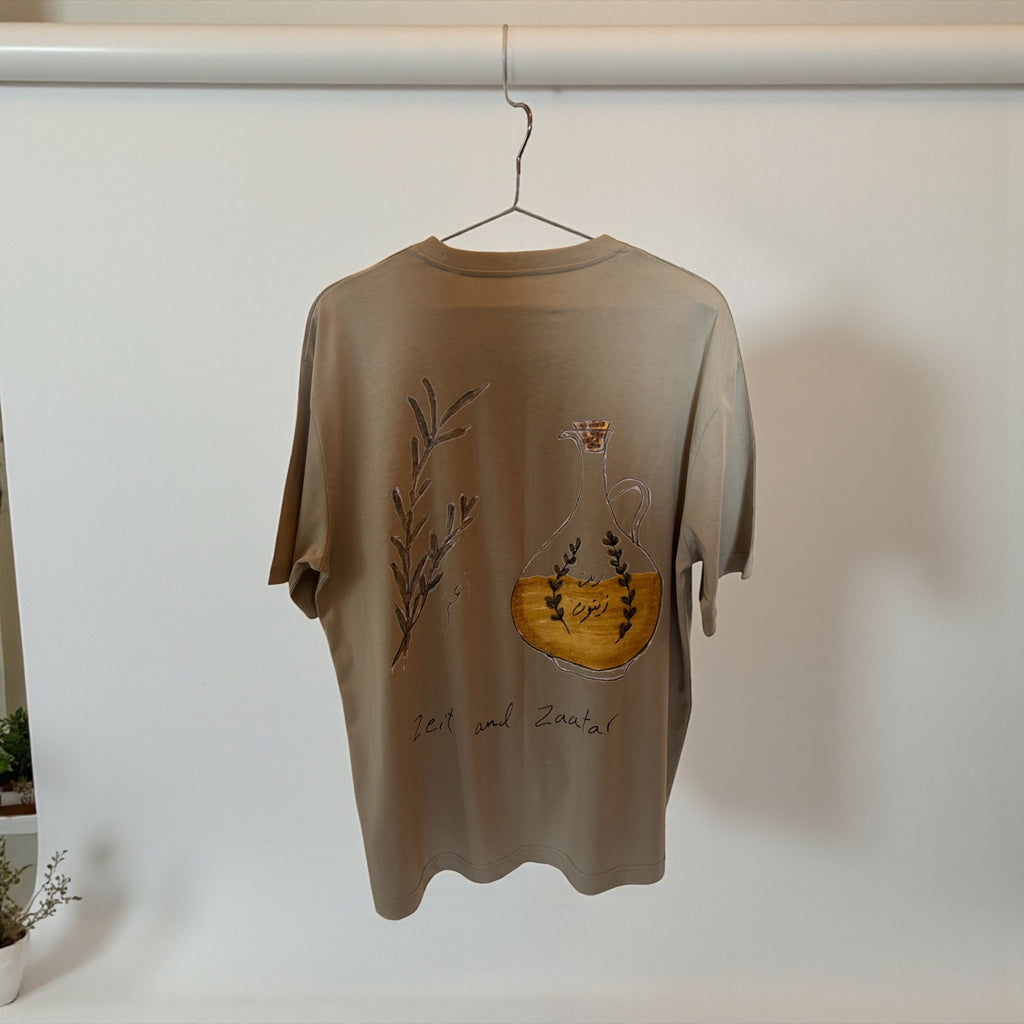 Zeit and Zaatar Graphic T-Shirt – Minimalist Olive Oil & Herb Illustration Tee, Neutral Cotton Unisex Top
