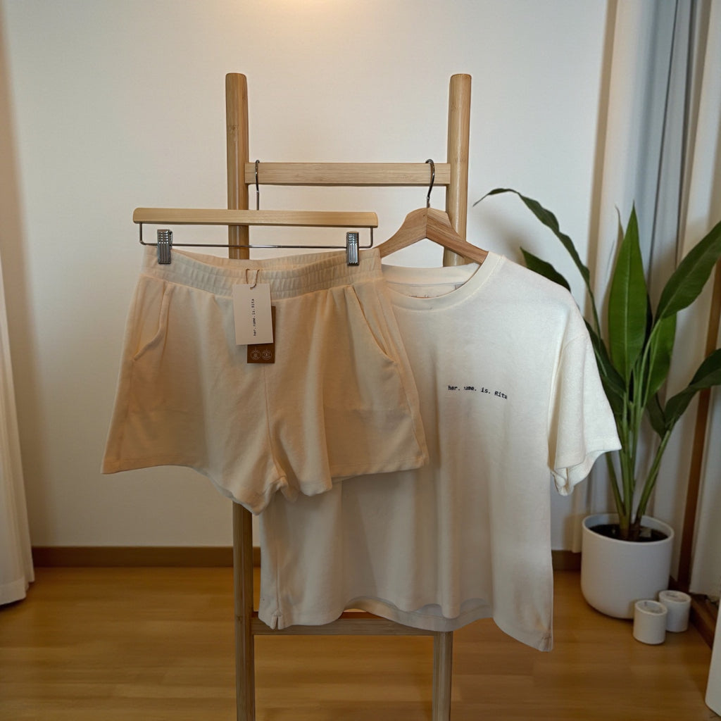 White Textured Shorts – Minimalist Terry Cotton Lounge Shorts, Relaxed Fit Elastic Waist