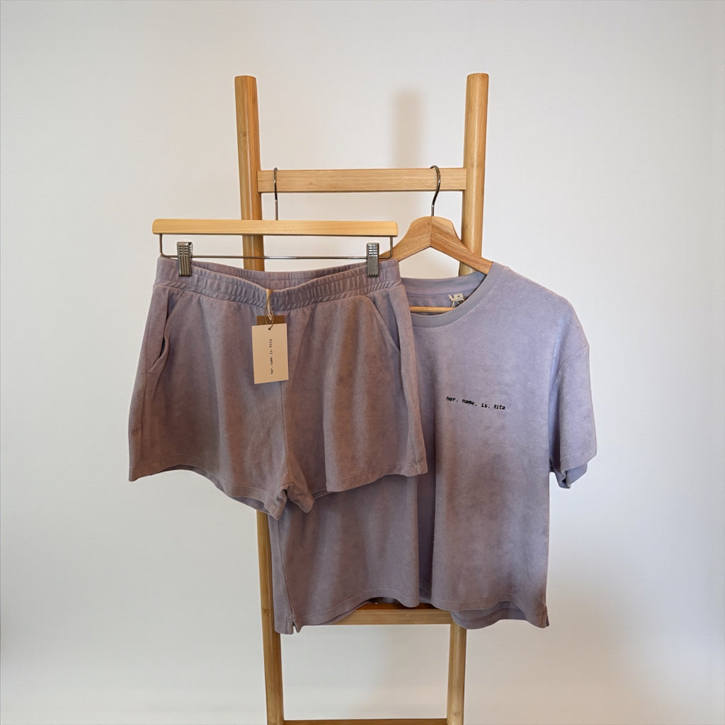 Towel Effect Lavender Shorts – Minimalist Terry Cotton Lounge Shorts, Soft Relaxed Fit with Pockets