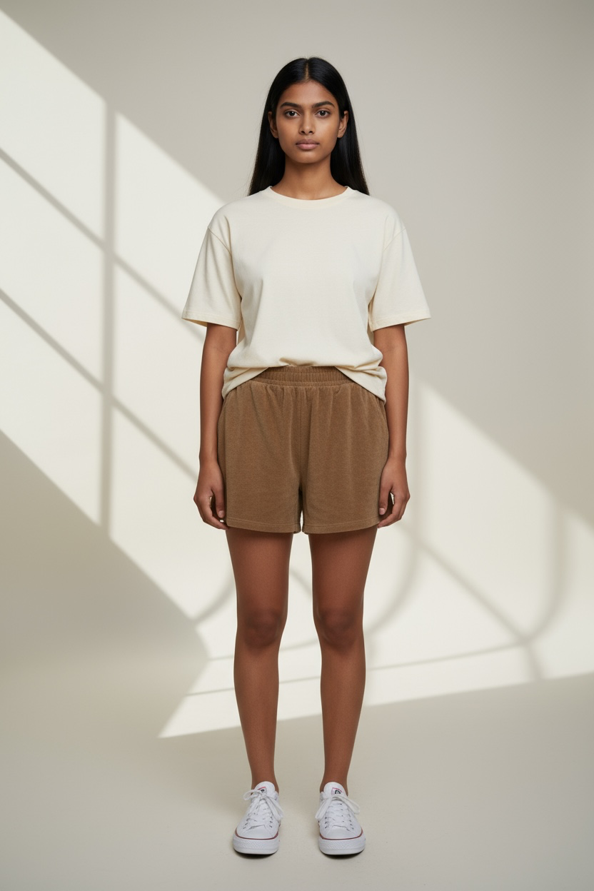 Brown Terry Shorts – Minimalist Cotton Lounge Shorts, Soft Relaxed Fit with Elastic Waist