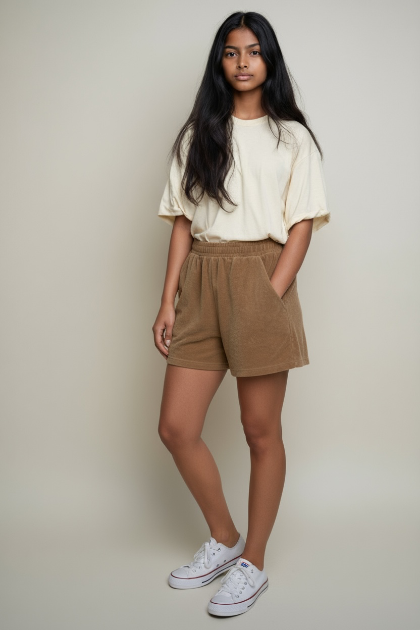 Brown Terry Shorts – Minimalist Cotton Lounge Shorts, Soft Relaxed Fit with Elastic Waist