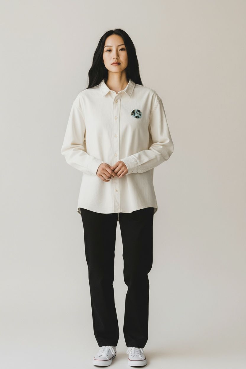 Cream Unisex Button-Up Shirt with Earth Embroidered Patch – Oversized Cotton Shirt – Minimalist Neutral Top