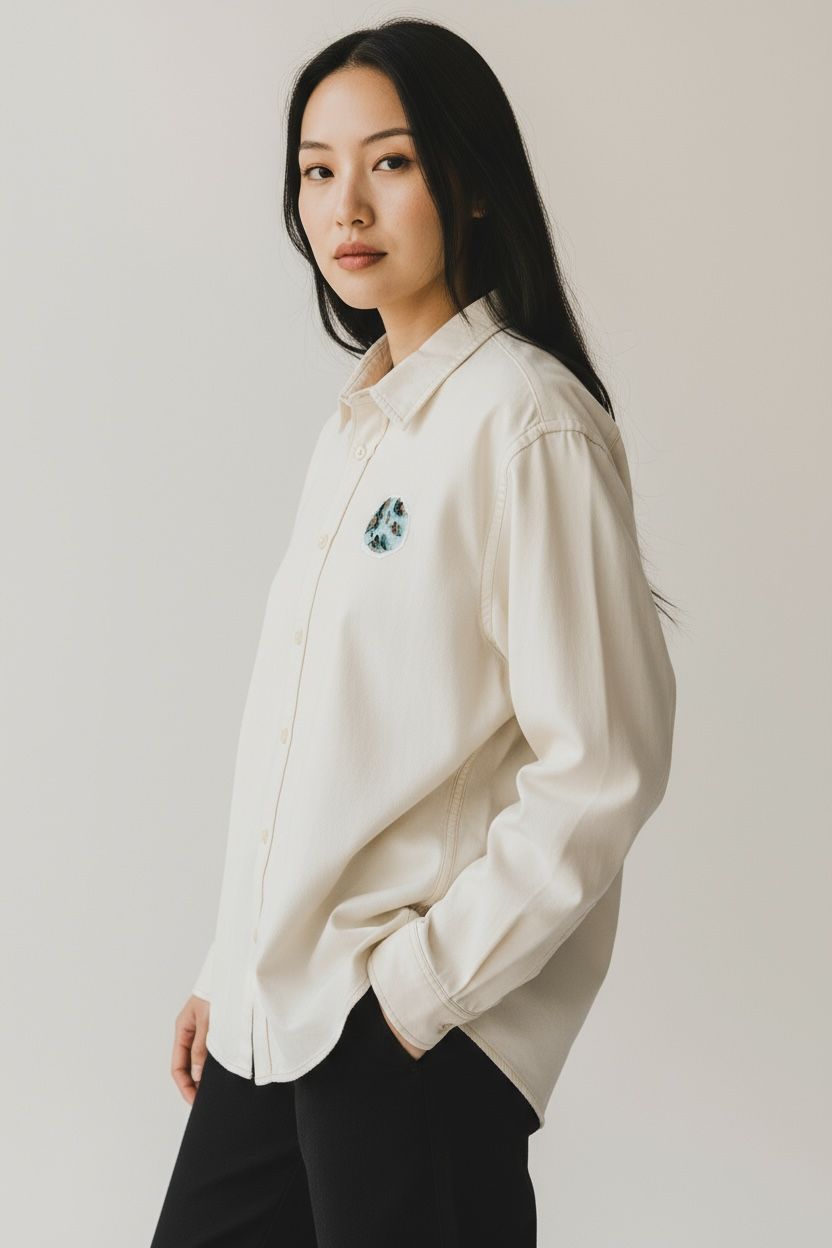 Cream Unisex Button-Up Shirt with Earth Embroidered Patch – Oversized Cotton Shirt – Minimalist Neutral Top