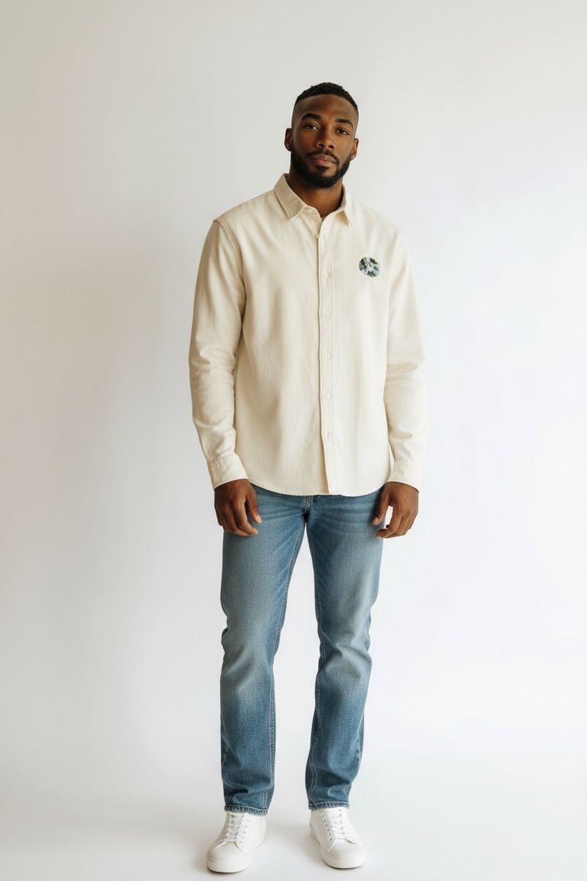 Cream Unisex Button-Up Shirt with Earth Embroidered Patch – Oversized Cotton Shirt – Minimalist Neutral Top
