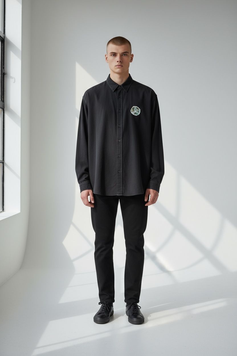 Black Unisex Button-Up Shirt with Earth Patch – “Planet” Design