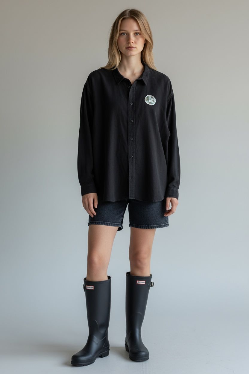 Black Unisex Button-Up Shirt with Earth Patch – “Planet” Design