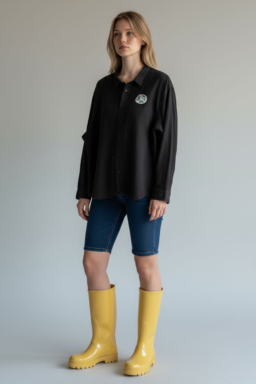 Black Unisex Button-Up Shirt with Earth Patch – “Planet” Design