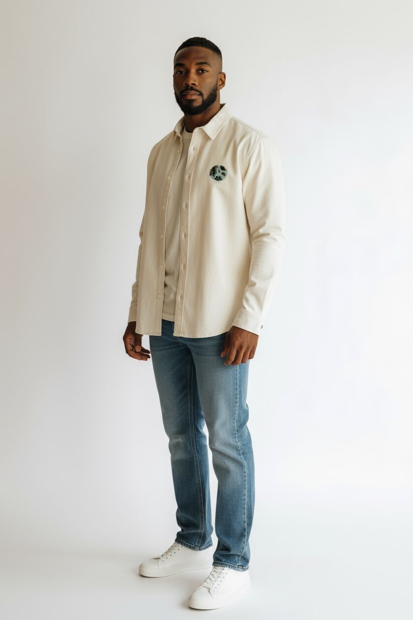 Cream Unisex Button-Up Shirt with Earth Embroidered Patch – Oversized Cotton Shirt – Minimalist Neutral Top