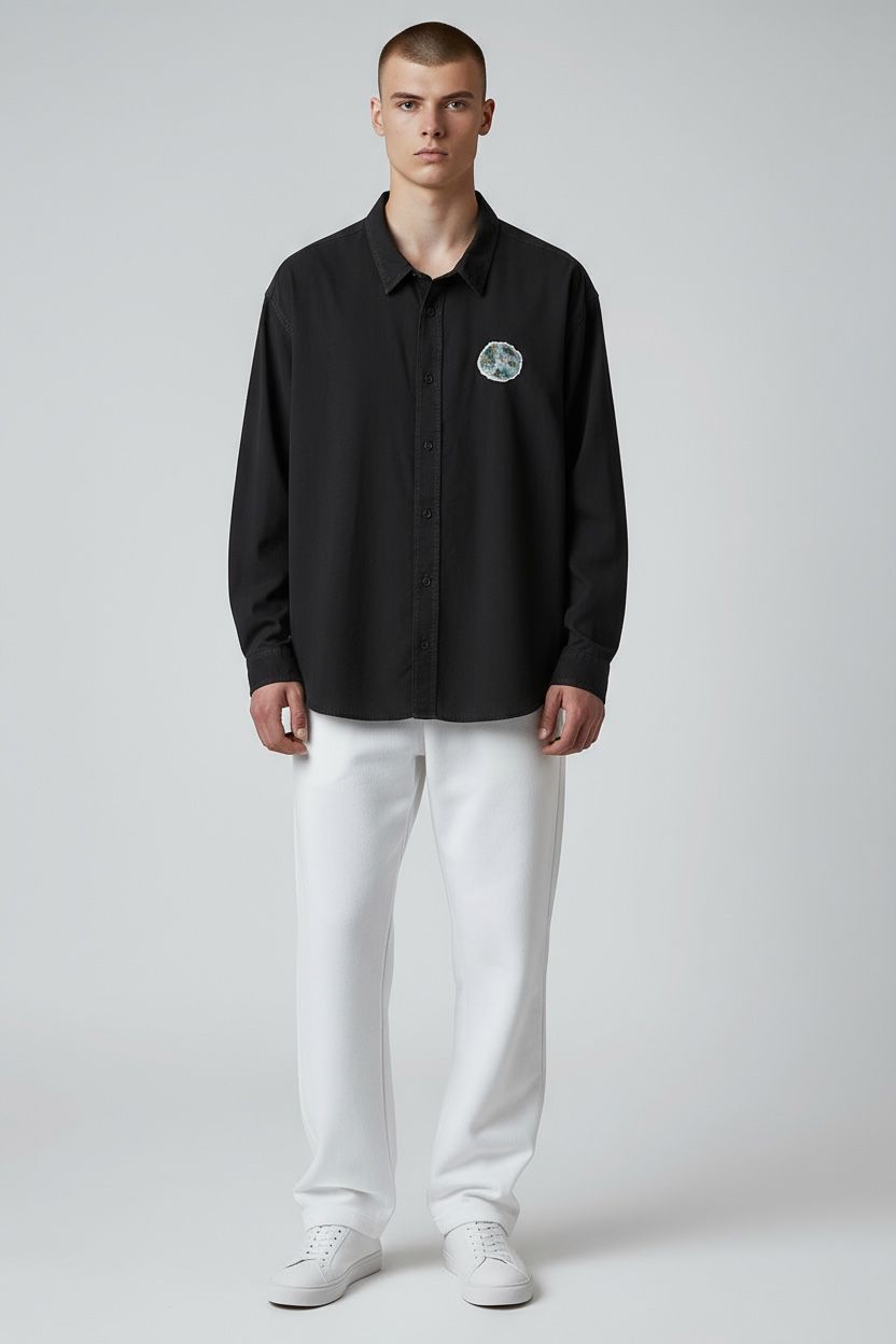 Black Unisex Button-Up Shirt with Earth Patch – “Planet” Design