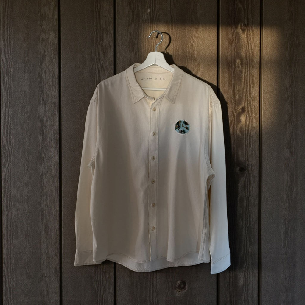 Cream Unisex Button-Up Shirt with Earth Embroidered Patch – Oversized Cotton Shirt – Minimalist Neutral Top